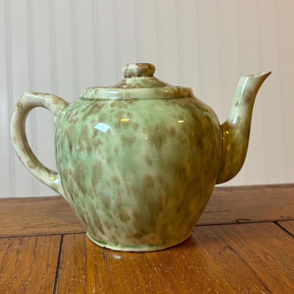 Vintage Morton Pottery Stoneware Teapot Woodland Splatterware Green, Brown,Cream
